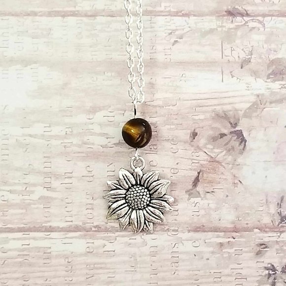 Sunflower Jewelry Set Tigers Eye Sunflower Necklace Silver Sunflower Earrings - Picture 5 of 5
